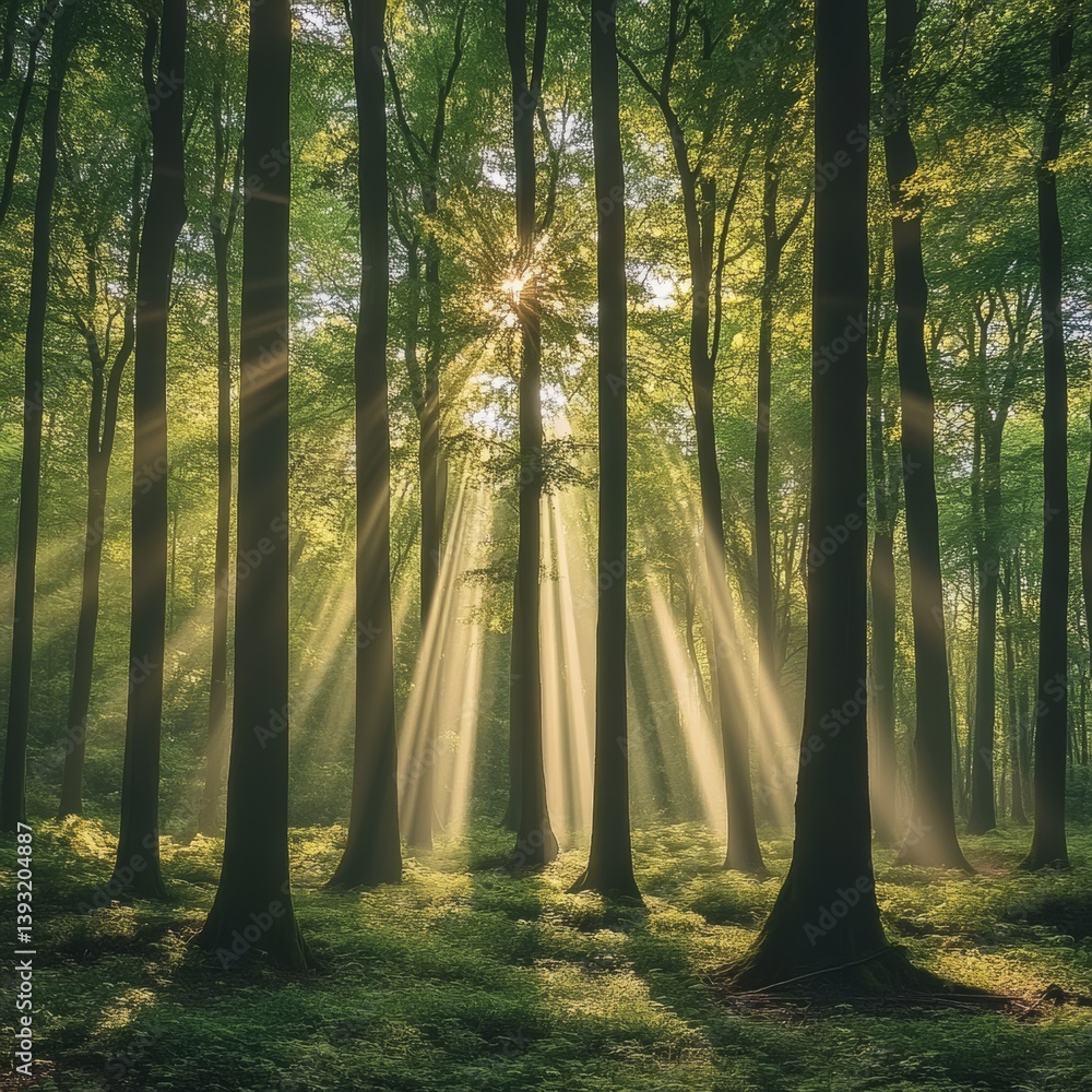 Obraz premium image of an enchanted forest where sunbeams break through a dense canopy isolated on a plain background