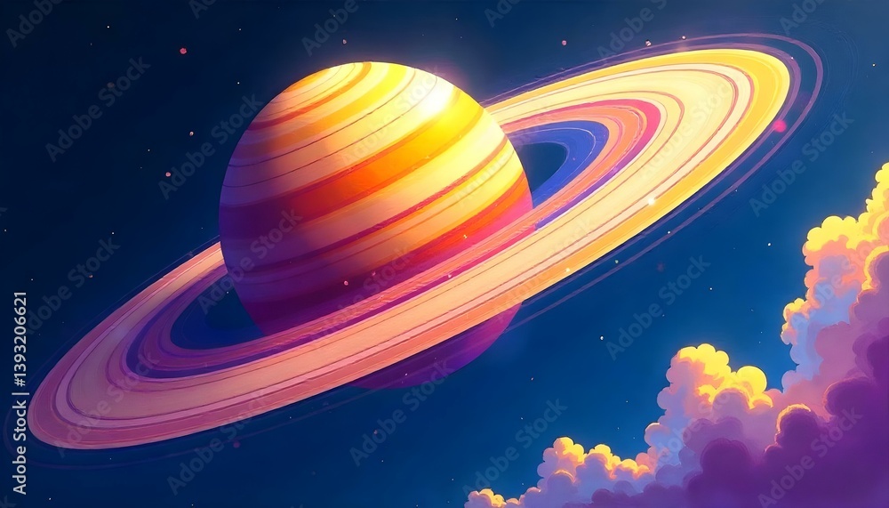 Naklejka premium A digital painting of a swirling, colorful planet in space, with a ring system. The planet is composed of layers of yellow, orange, pink, purple, and blue, with a bright yellow center
