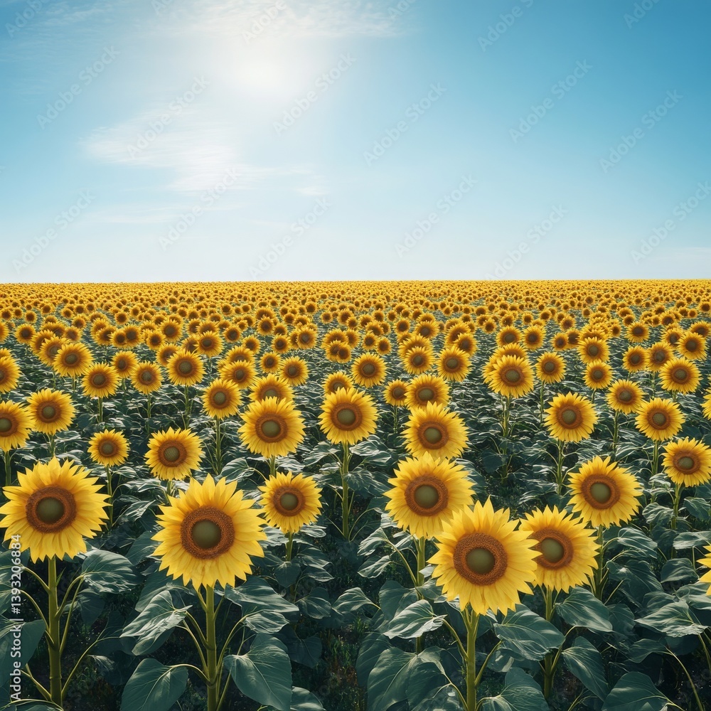 Obraz premium image of a vast sunflower field under a bright clear noon sky isolated on a plain background