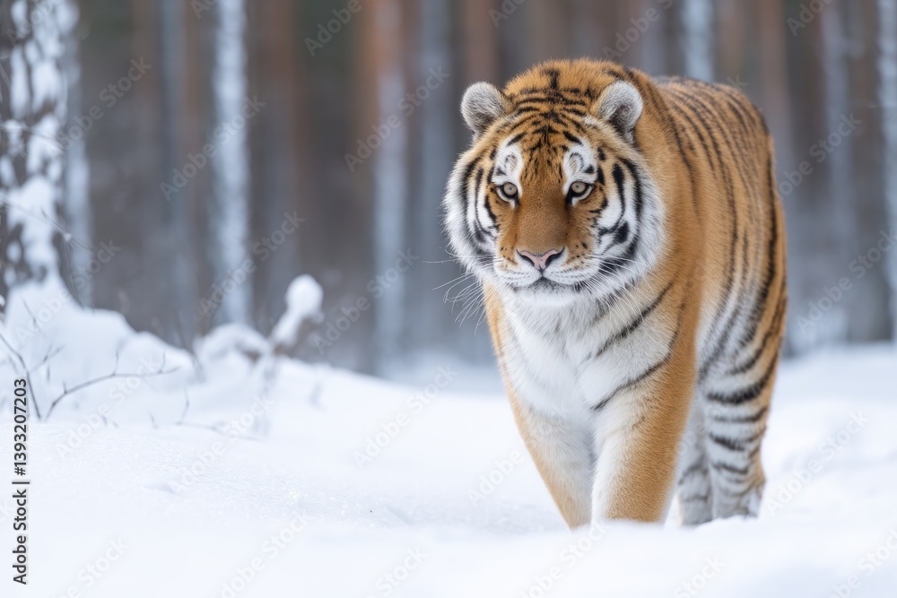Obraz premium lone siberian tiger prowls snow-dusted forests of russia its piercing eyes scanning serene landscape for any sign of