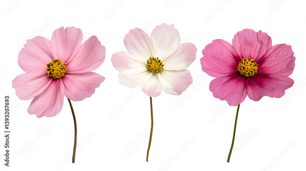 Three cosmos flowers on black background, cut out transparent Three cosmos flowers on black background, cut out transparent