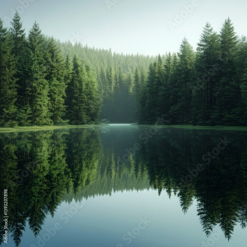 image of a tranquil lake set in a dense pine forest isolated on a minimalistic background