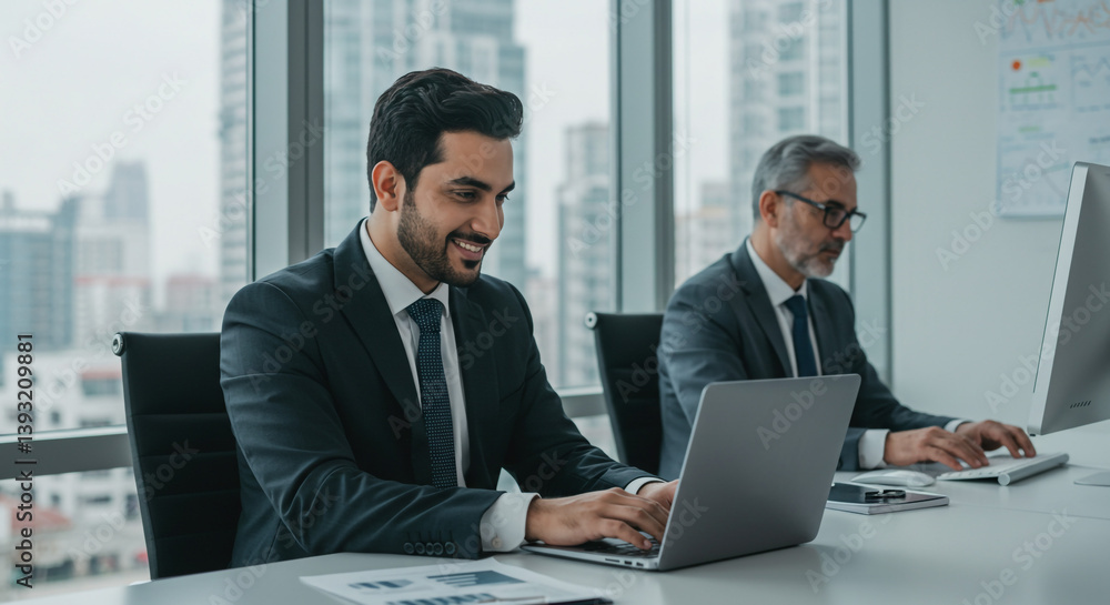 A young, smiling businessman collaborates on a project with a colleague in a modern, bright office, showcasing teamwork and success. A young, smiling businessman collaborates on a project with a colleague in a modern, bright office, showcasing teamwork and success.