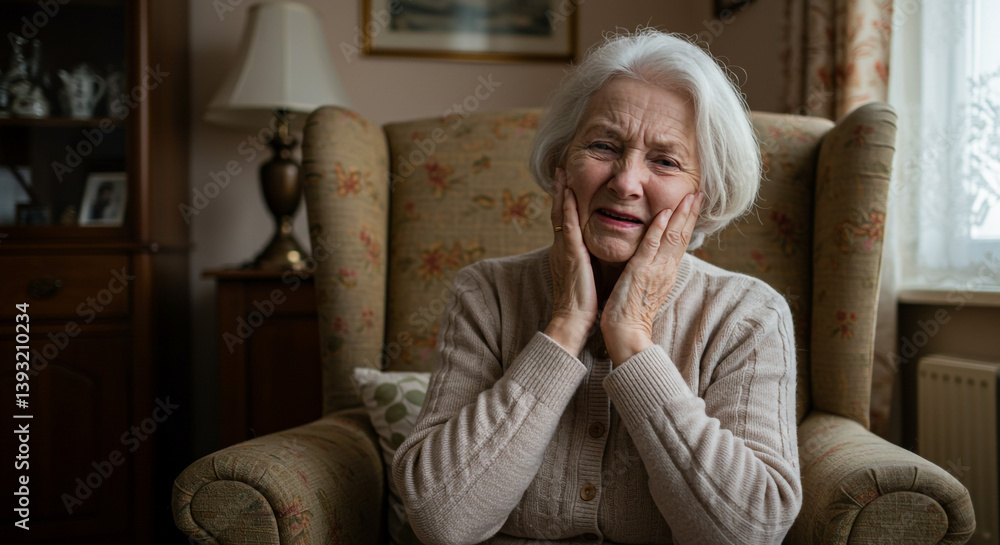 Obraz premium An elderly woman's worried expression, hands clasped to her face, reflecting a moment of deep concern in her quiet home, soft lighting illuminating her features.