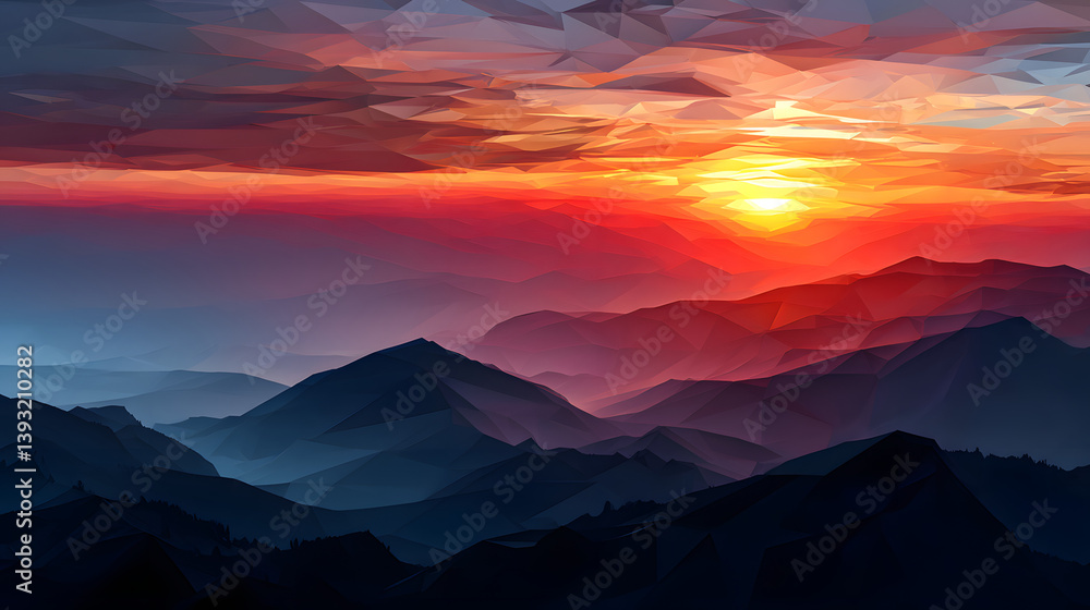 Fototapeta premium Sunset horizon bursting with warm colors over quiet mountains.