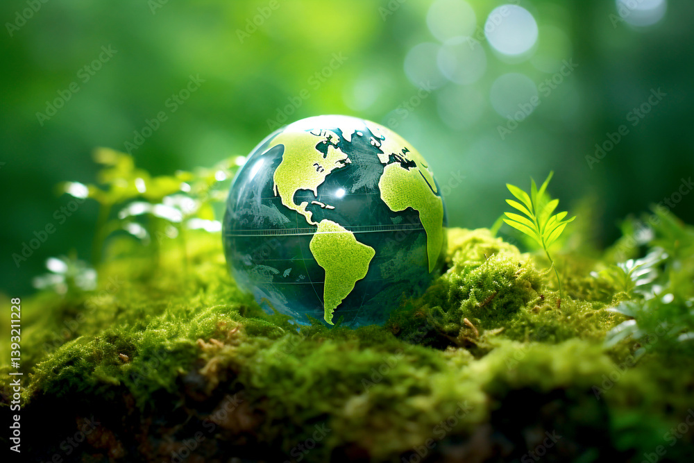 A symbolic image of Earth surrounded by lush green forests, set against a natural background to celebrate Earth Day. themes of ecology, conservation, and the importance of protecting nature