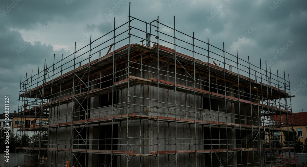 Construction site with scaffolding under moody skies Construction site with scaffolding under moody skies