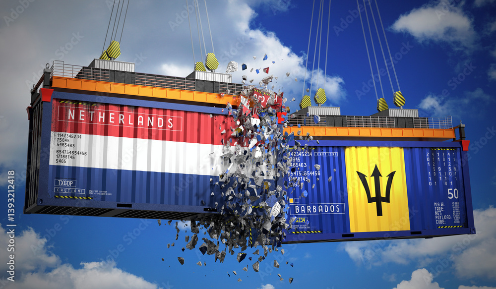Obraz premium Cargo containers with flags of Netherlands and Barbados - 3D illustration