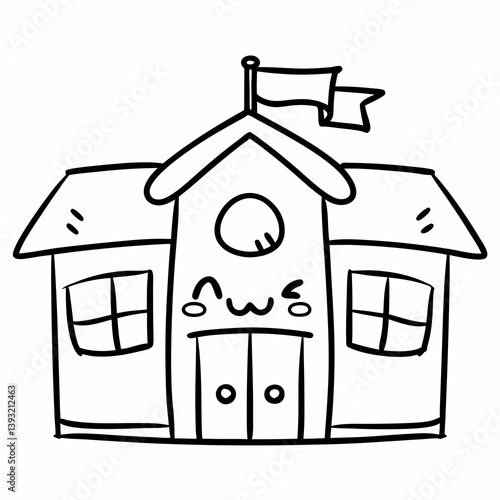 Cute cartoon schoolhouse with flag in black and white  