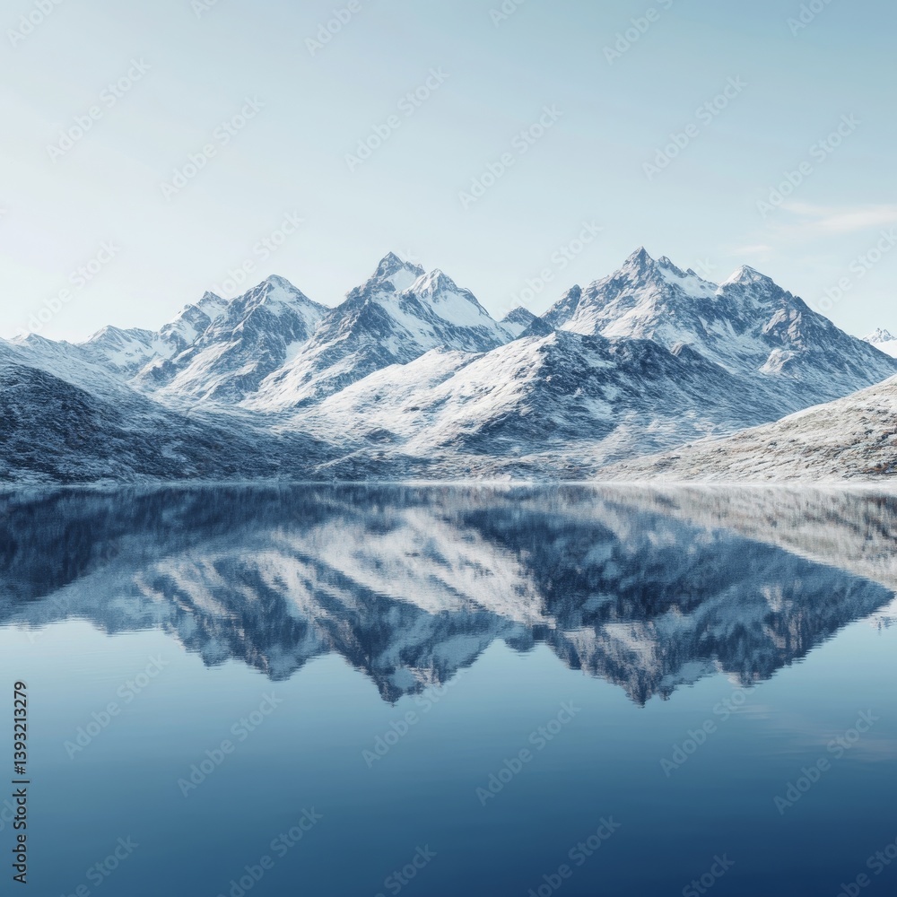 Obraz premium image of a crystal clear alpine lake reflecting snowy mountain peaks isolated on a minimalistic background 