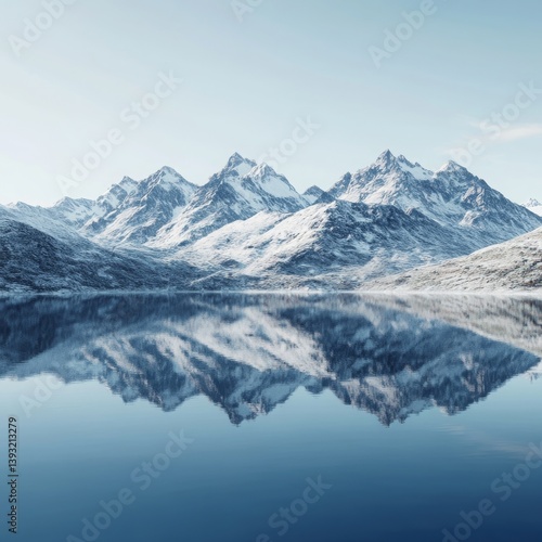 Wallpaper Mural image of a crystal clear alpine lake reflecting snowy mountain peaks isolated on a minimalistic background  Torontodigital.ca