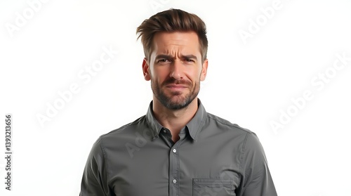 Frustrated Caucasian Man Frowning on White Background