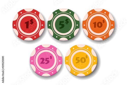 Casino chips with values from one to fifty dollars, isolated on a clean white background, ideal for gambling concepts and games.
