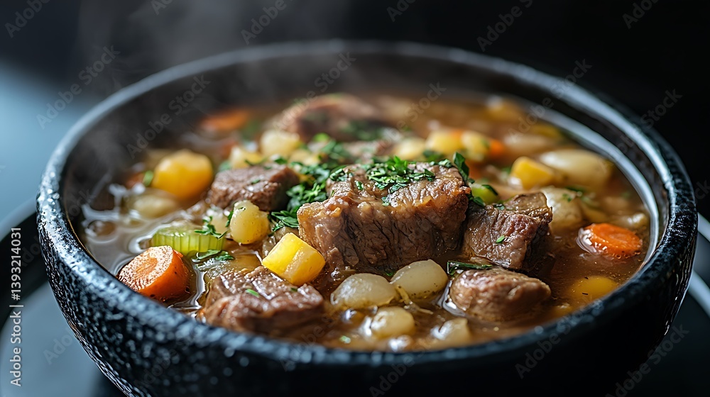 A delicious and steaming bowl of savory stewed ingredients A delicious and steaming bowl of savory stewed ingredients