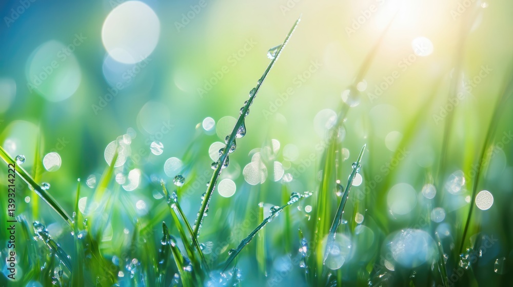Fototapeta premium Fresh green grass with dew drops reflecting sunlight in the morning