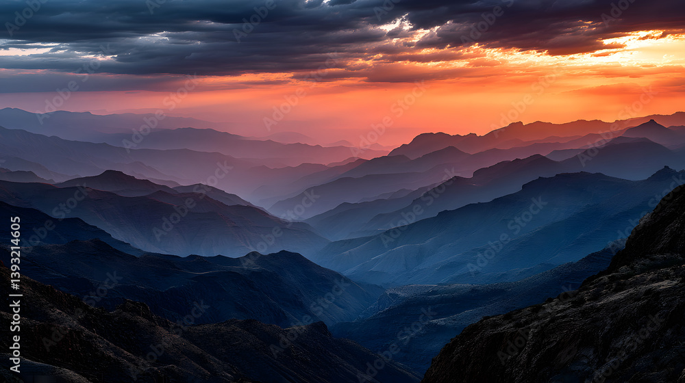 Obraz premium Sunset shadows cast long across layered mountains and sky.