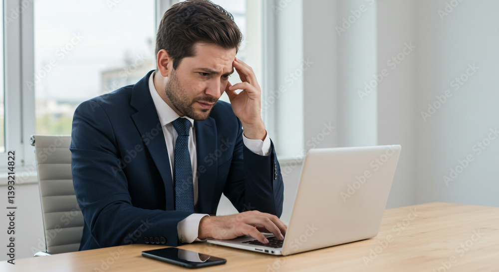A stressed businessman reviewing work on his laptop, deep in thought and concern, in a bright modern office with soft light. A stressed businessman reviewing work on his laptop, deep in thought and concern, in a bright modern office with soft light.