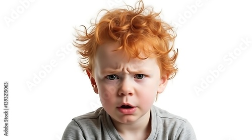 Annoyed Redheaded Boy with Pout on White Background