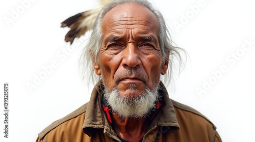Thoughtful Native American Elderly Man on White Background