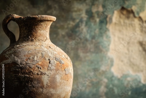 Ancient weathered clay amphora, rustic texture, aged patina, against a textured wall background.
