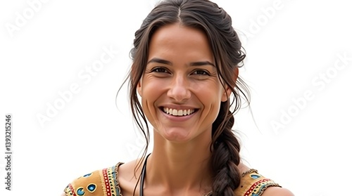 Gentle Smiling Native American Woman on White Background