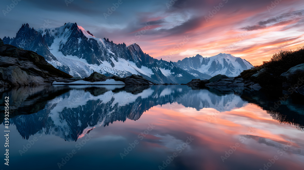 Obraz premium The alpine landscape with snow-covered peaks and a beautiful sunset creating soft pink and orange hues across the sky, reflected on a calm lake.