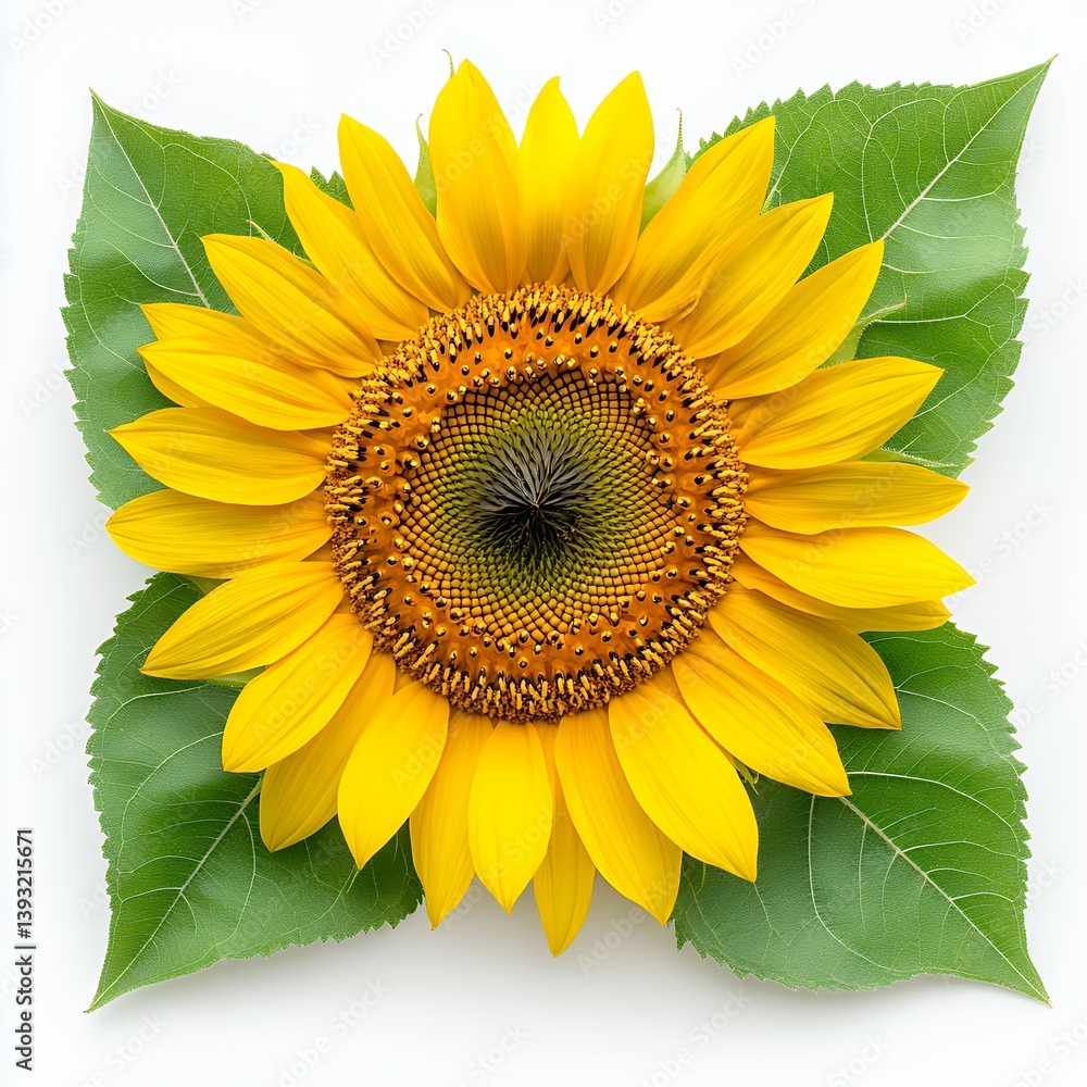 Obraz premium Vibrant Yellow Sunflower with Green Leaves on White Background