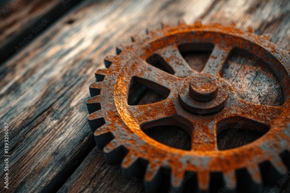 Rusty metal gear resting on aged wooden surface, showing texture and detail. Rusty metal gear resting on aged wooden surface, showing texture and detail.