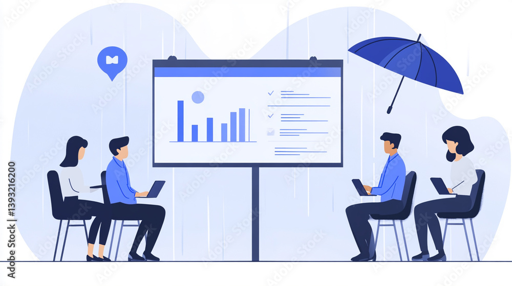Business presentation in the rain with professionals using laptops and a digital display Business presentation in the rain with professionals using laptops and a digital display