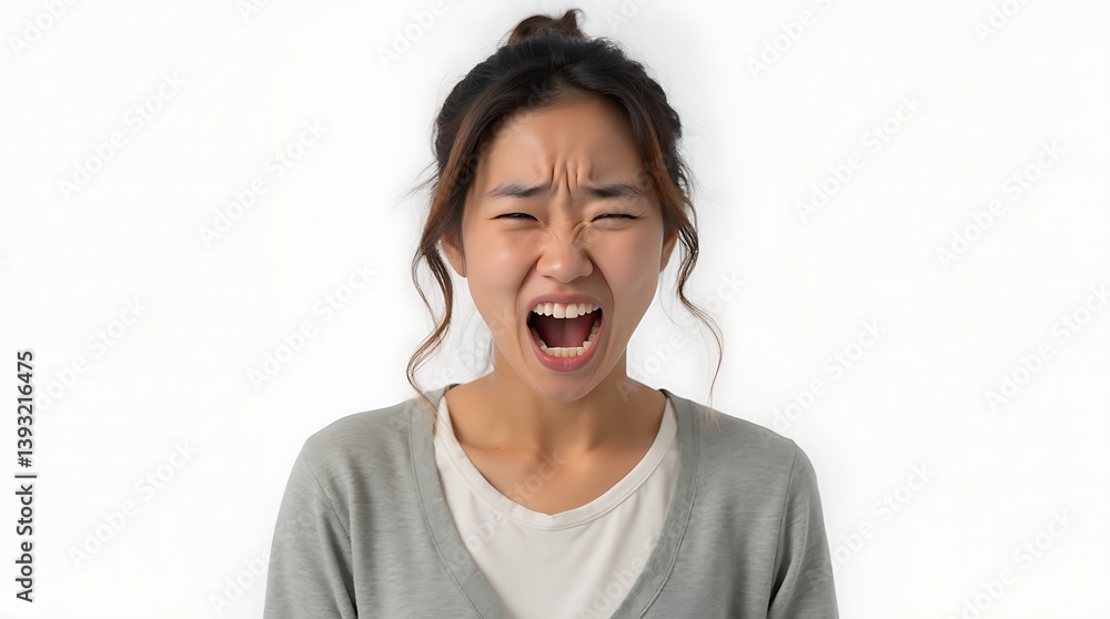 Frustrated Young Asian Woman Gritting Teeth on White Background