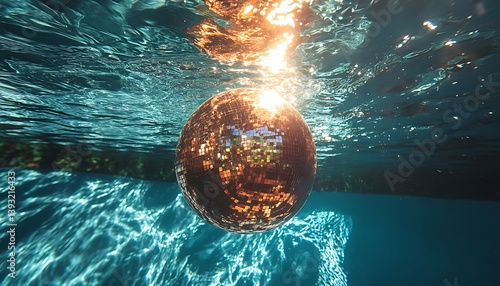A disco ball submerged underwater with light shining brightly down