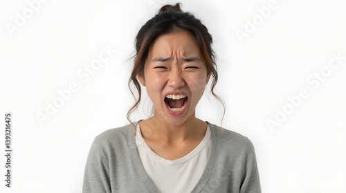 Frustrated Young Asian Woman Gritting Teeth on White Background