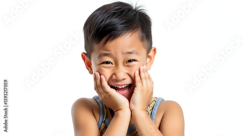 Mischievous Asian Boy Grinning on White Background