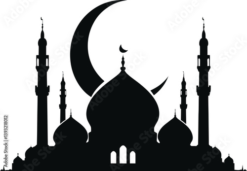 Black and White Vector PNG Illustration of a Mosque Silhouette with Multiple Domes, Minarets, and Nested Crescent Moons in a Dramatic Night Sky.