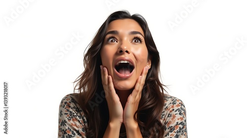 Indigenous Woman Expressing Awe on White Background