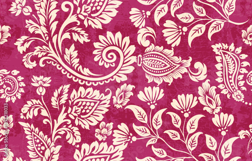 floral pattern vintage ethnic modern embroidery texture boho design vector illustration hand drawn pink flower motif branches leaves wallpaper seamless background border.