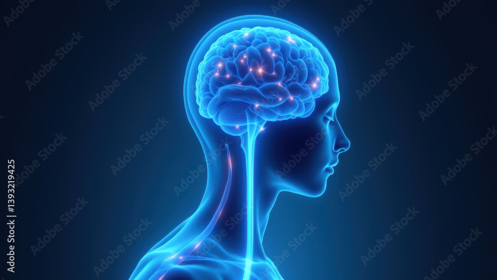 3D rendering of human head with highlighted VNS (Vagus Nerve Stimulation) pathway for medical purposes. 3D rendering of human head with highlighted VNS (Vagus Nerve Stimulation) pathway for medical purposes.