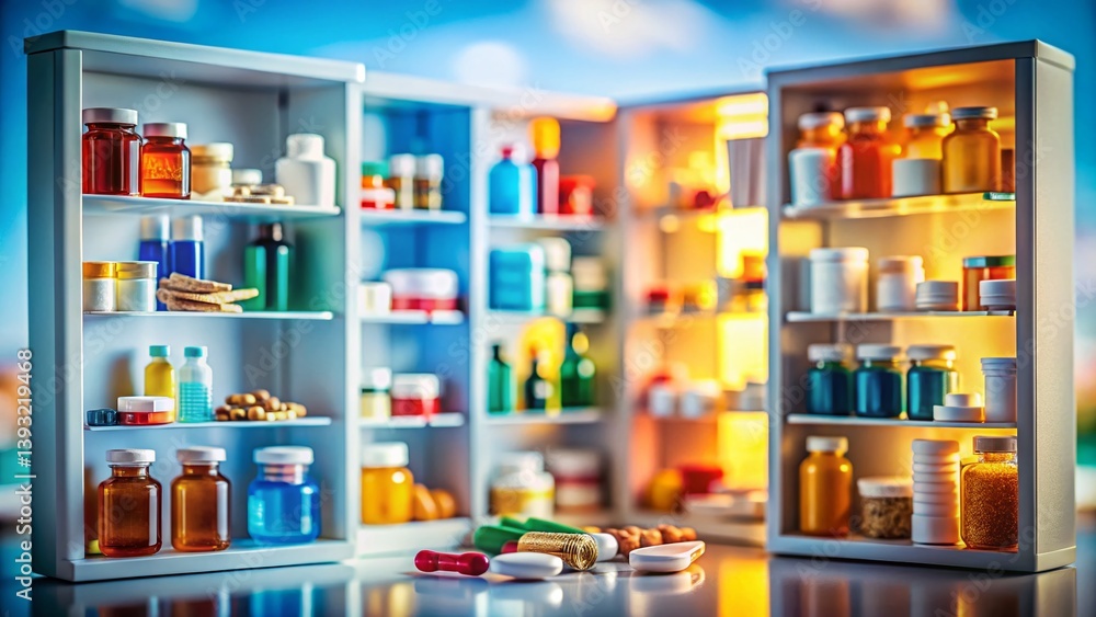 Enthralling TiltShift Macro of Miniature Medicine Cabinet Exploring Pharmaceutical Packaging and Pill Blister Packs Enthralling TiltShift Macro of Miniature Medicine Cabinet Exploring Pharmaceutical Packaging and Pill Blister Packs