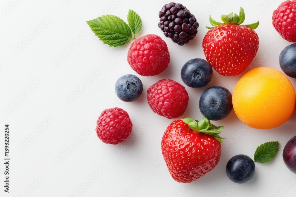 Obraz premium vibrant assortment of fresh fruits and colorful berries scattered randomly on unblemished white background each piece