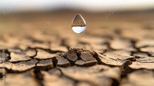 A droplet of water hovers above cracked earth, symbolizing scarcity and resilience in a dry landscape.