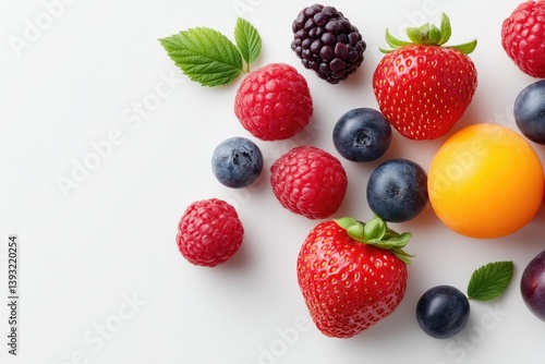 Fototapeta Naklejka Na Ścianę i Meble -  vibrant assortment of fresh fruits and colorful berries scattered randomly on unblemished white background each piece
