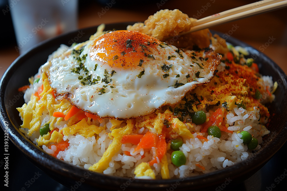 Korean Bibimbap Bowl with Fried Egg and Colorful Vegetables