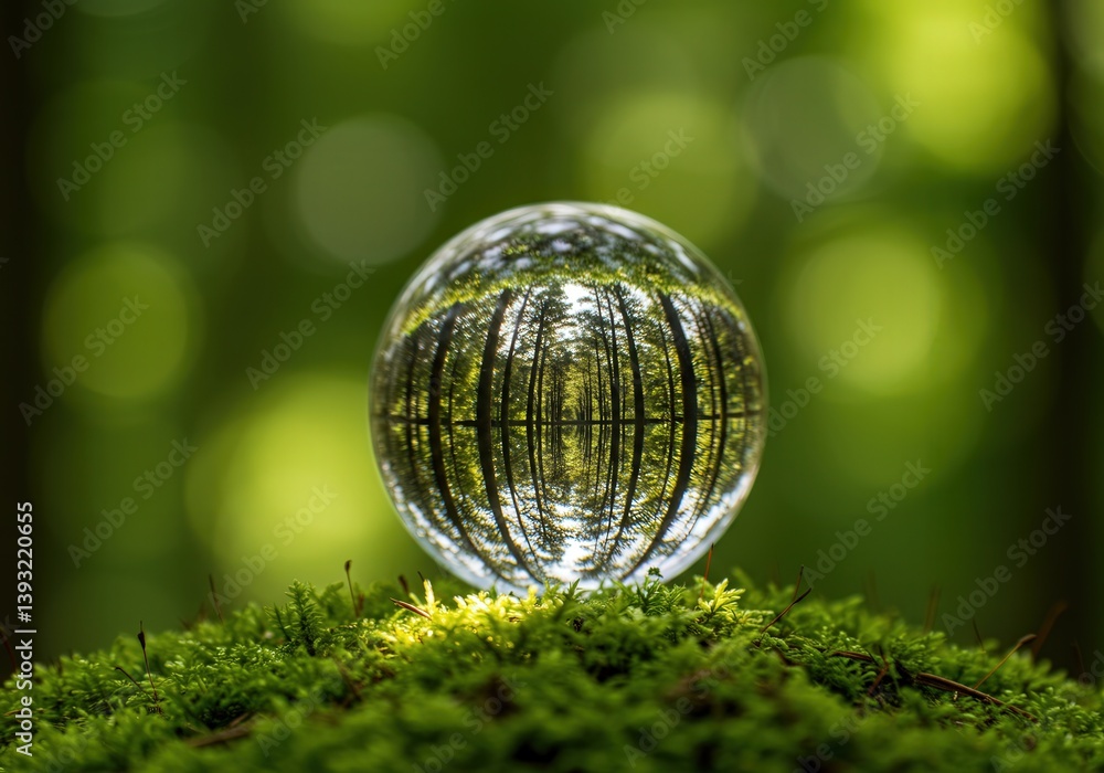 A crystal ball perfectly captures a forest scene amidst lush green moss, creating an enchanting image. A crystal ball perfectly captures a forest scene amidst lush green moss, creating an enchanting image.