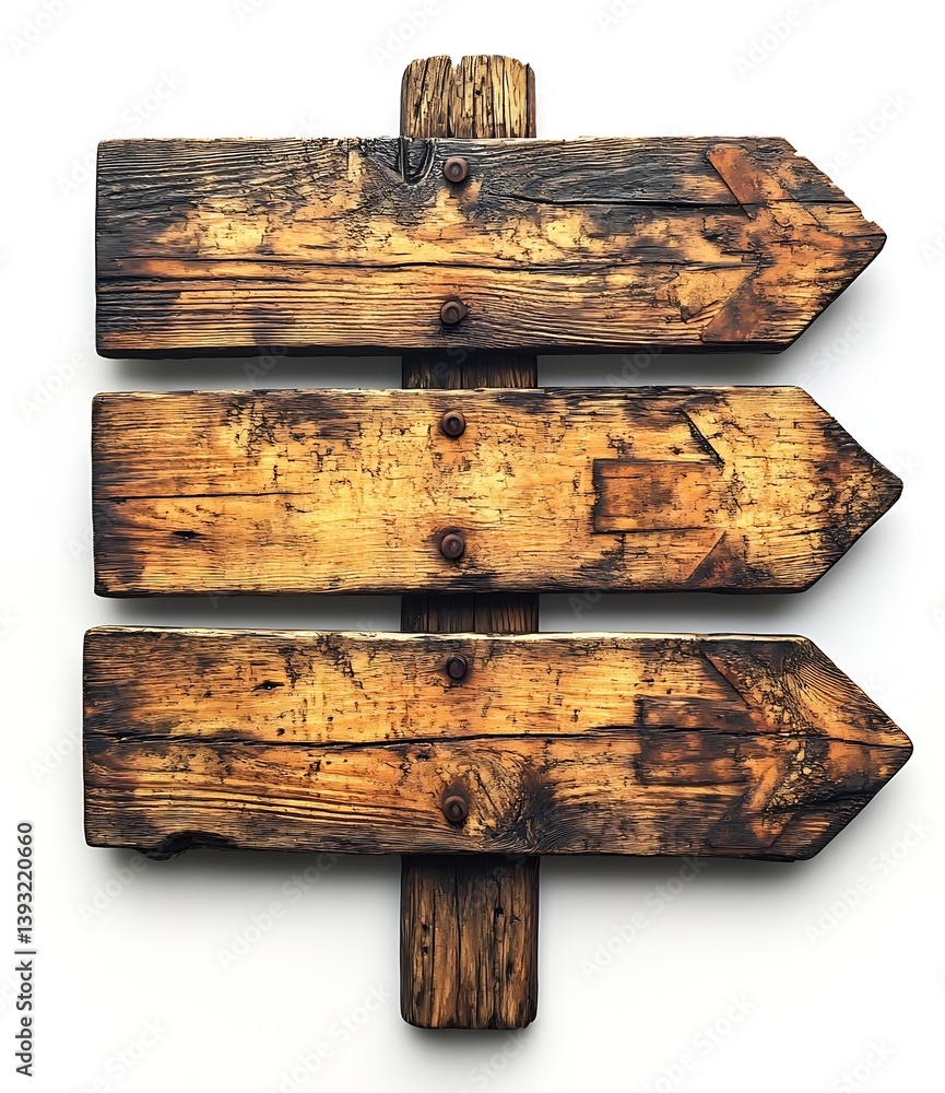 Fototapeta premium Vintage Wooden Arrow Signpost with Rustic Texture Three Directional Guides Isolated on White : Generative AI