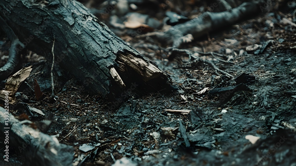 Fototapeta premium Fallen tree branch on forest floor with dark moody lighting.