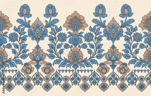 floral pattern vintage ethnic modern embroidery texture boho design vector illustration hand drawn pink flower motif branches leaves wallpaper seamless background border.