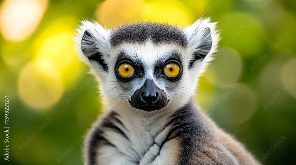 Obraz premium Ring-tailed lemur basking in golden sunlight, perched on a tree branch amidst lush foliage.