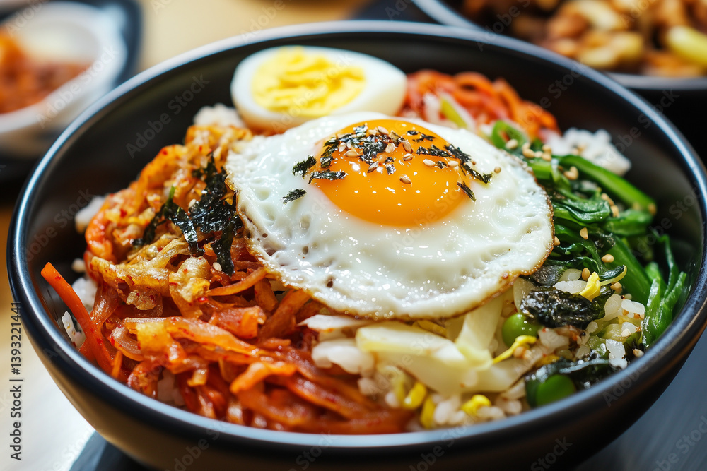 Korean Bibimbap Bowl with Fried Egg and Colorful Vegetables