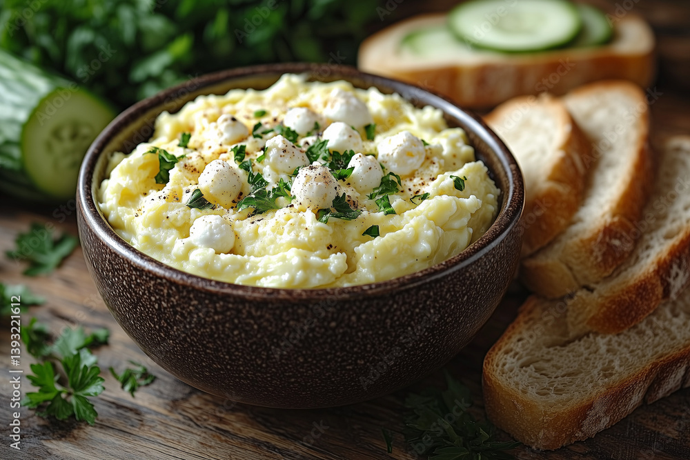 Creamy Mashed Potato Spread with Cottage Cheese and Parsley in Rustic Bowl