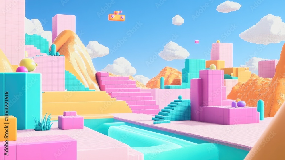 vibrant pixel art landscape featuring retro elements with colorful 3d objects scattered throughout scene vibrant pixel art landscape featuring retro elements with colorful 3d objects scattered throughout scene